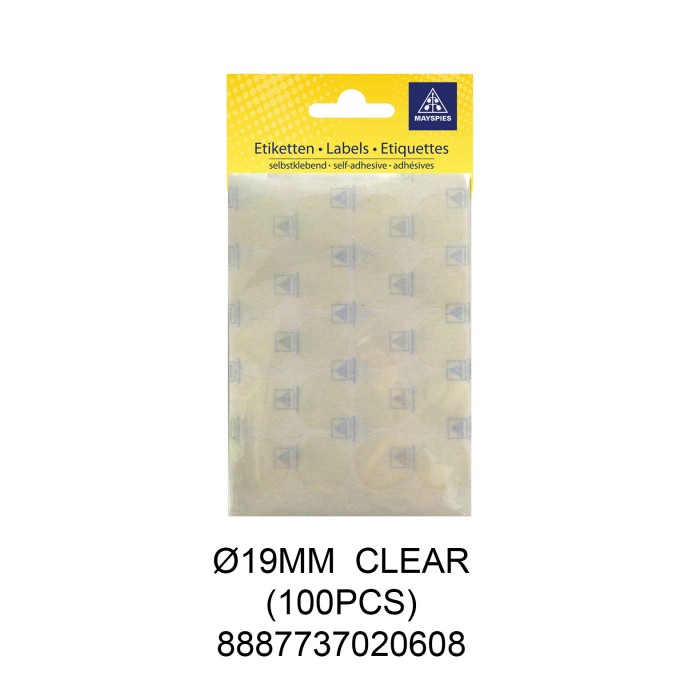 MAYSPIES MS019 COLOUR DOT LABEL / 5 SHEETS/PKT / 100PCS / ROUND 19MM CLEAR